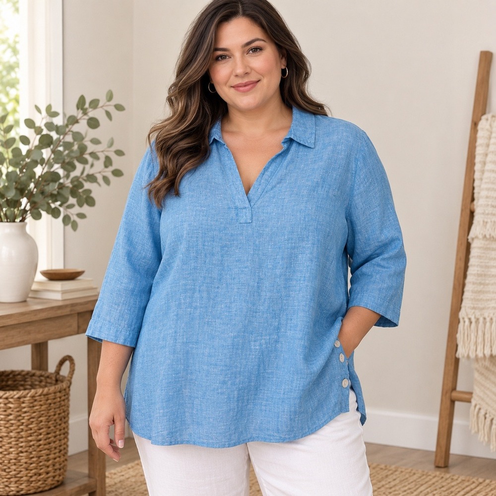 Tahari 100% Linen Womens Tunic Blouse Blue Split Neck 3/4 Sleeve Plus 1X